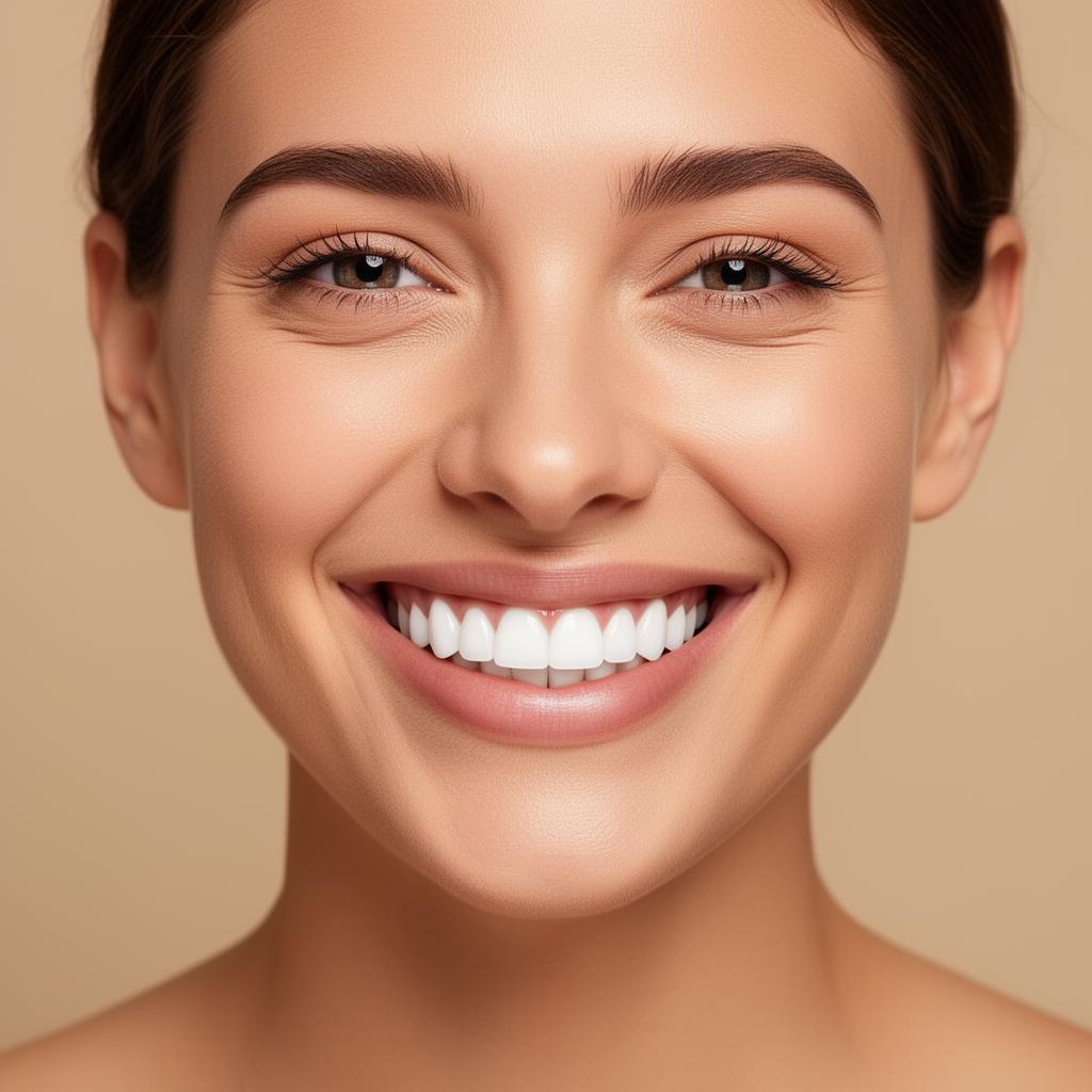 Dental smile after bridge treatment showing natural-looking porcelain bridge with gap fully closed and teeth symmetry restored